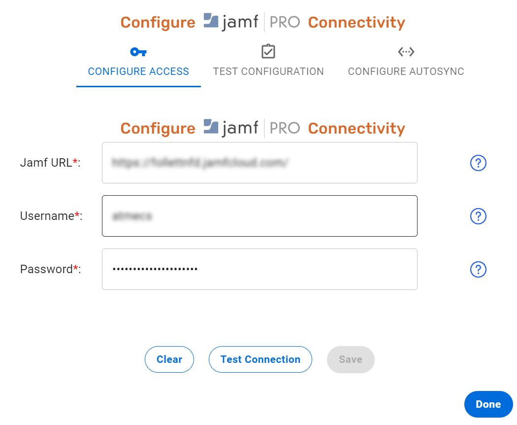 Configure Jamf PRO Connectivity pop-up on Configure Access section